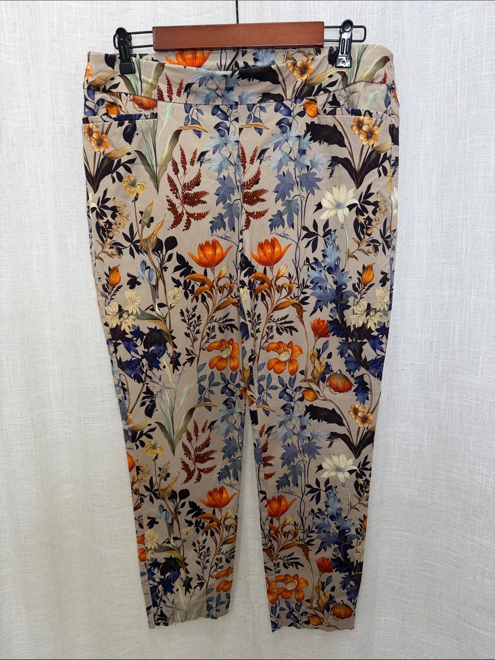 Chico’s Floral Print Beige Pants with Orange & Blue Accents Size 12